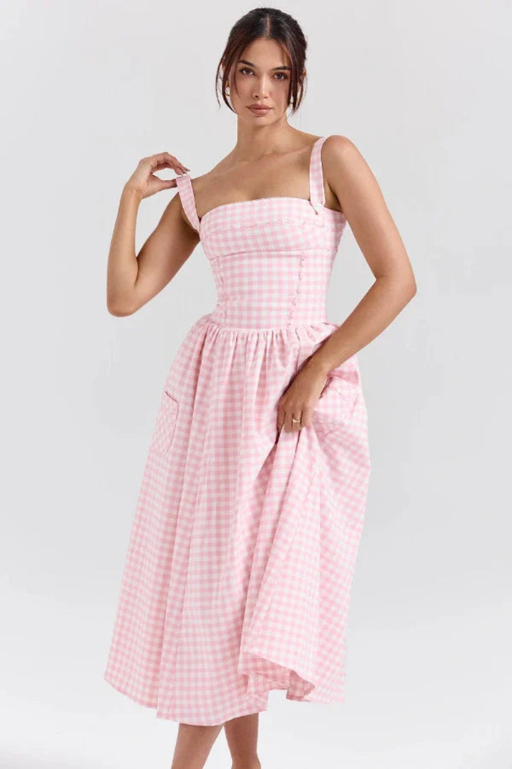 vintage-inspired dress, corset bodice dress, A-line summer dress, pink checkered dress, picnic dress, and romantic dress