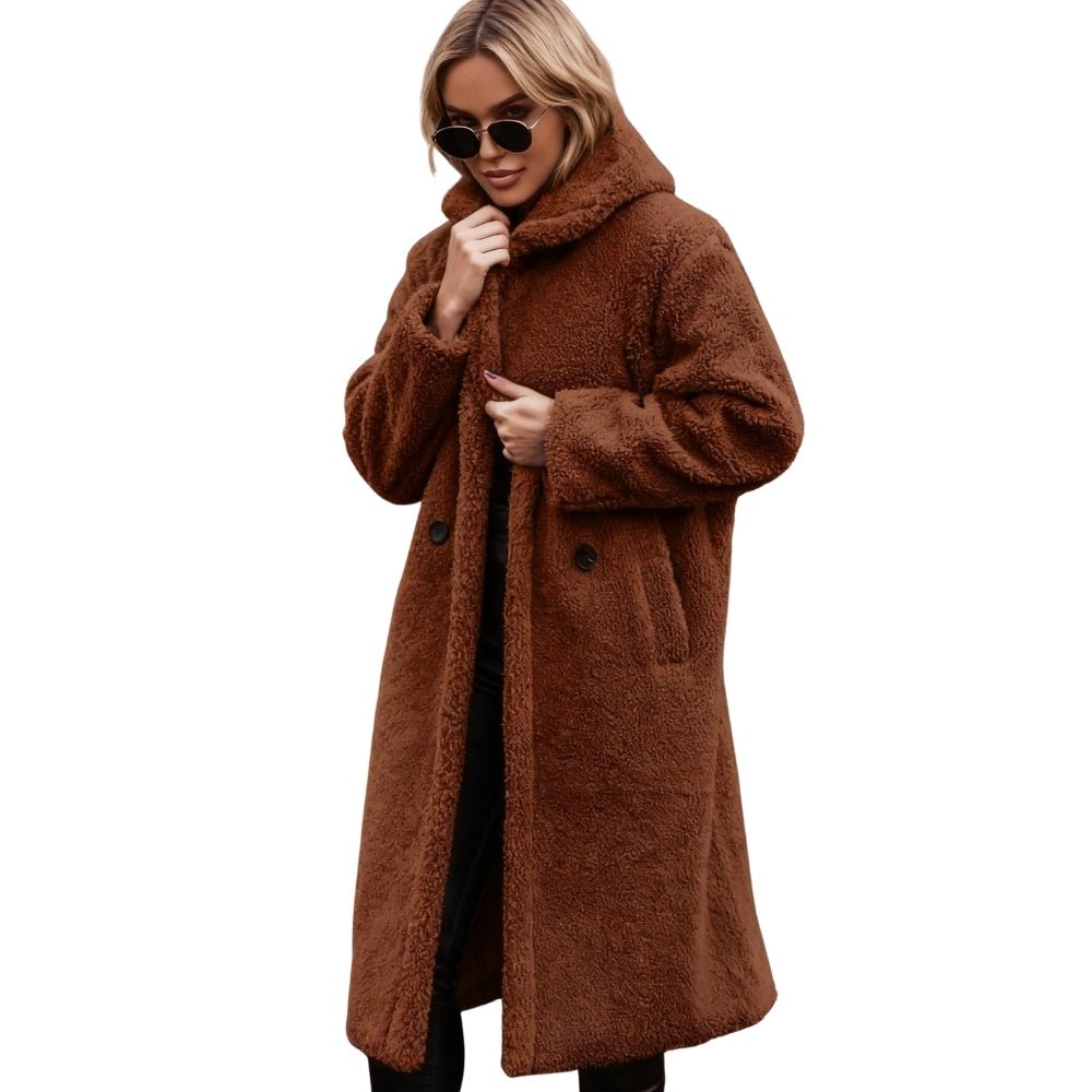 plush fleece jacket, oversized winter coat, cozy longline jacket, caramel teddy bear coat