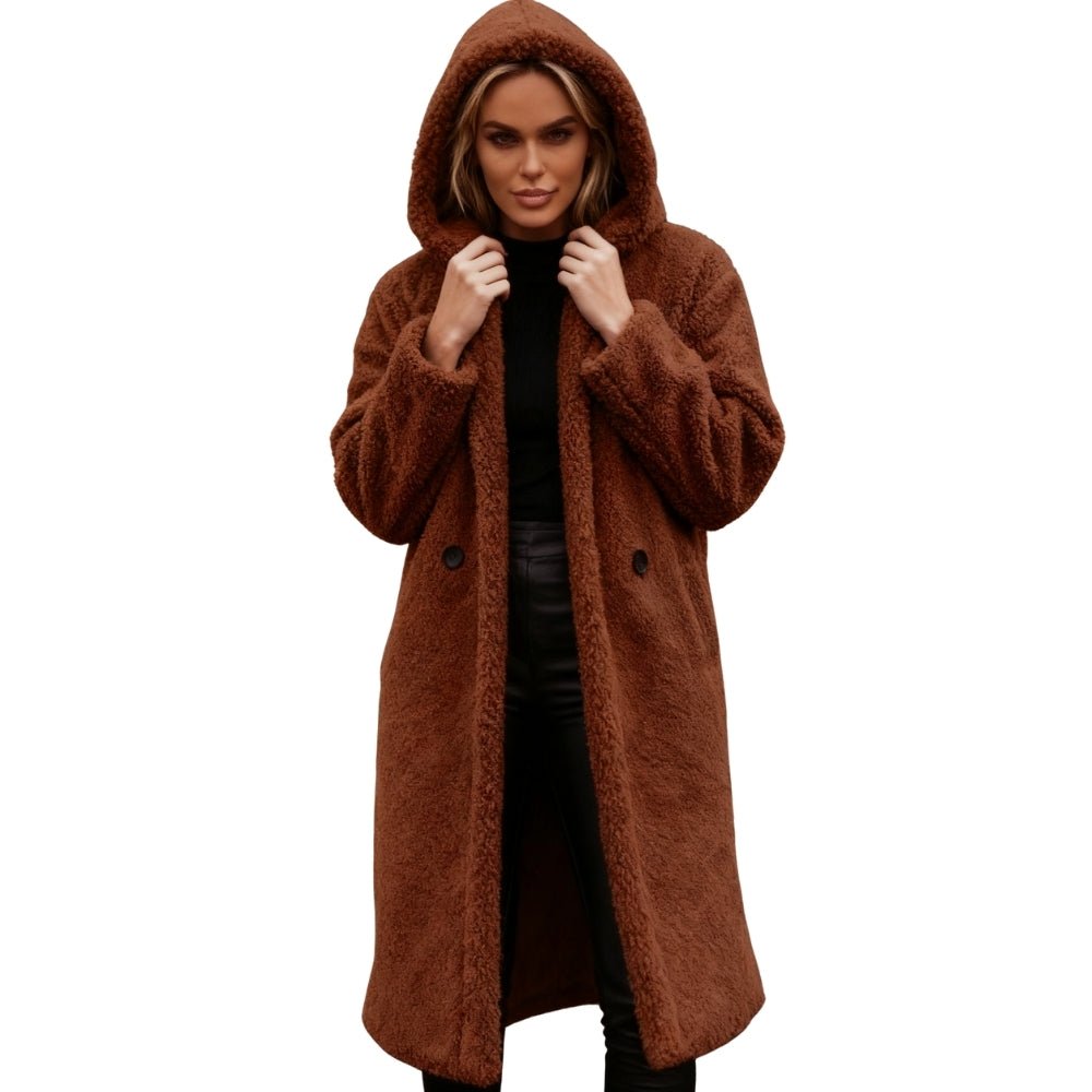 plush fleece jacket, oversized winter coat, cozy longline jacket, caramel teddy bear coat