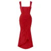 Kouvr Fashion red corset formal gown with square neck and ruched detail, front view