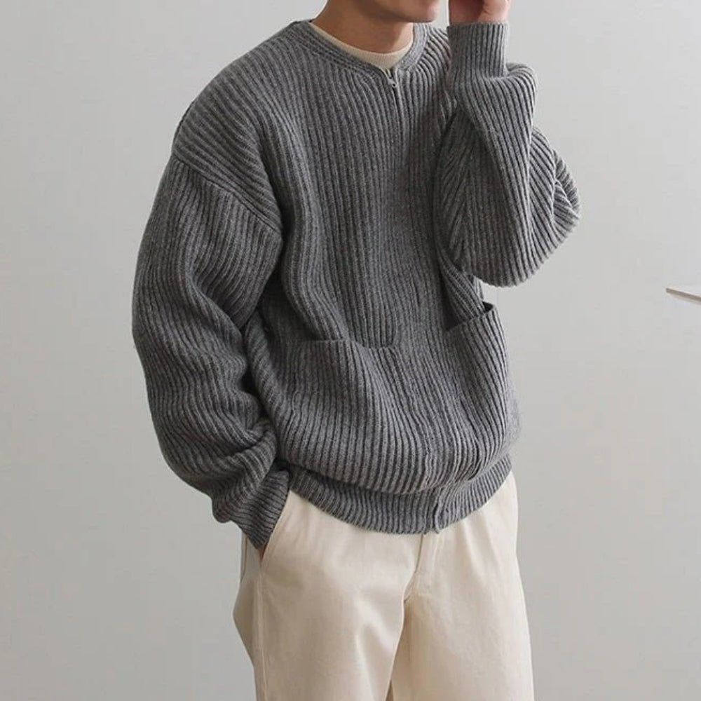 collarless bomber jacket," "minimalist sweater jacket," "quiet luxury knitwear," "structured knit," "transitional outerwear