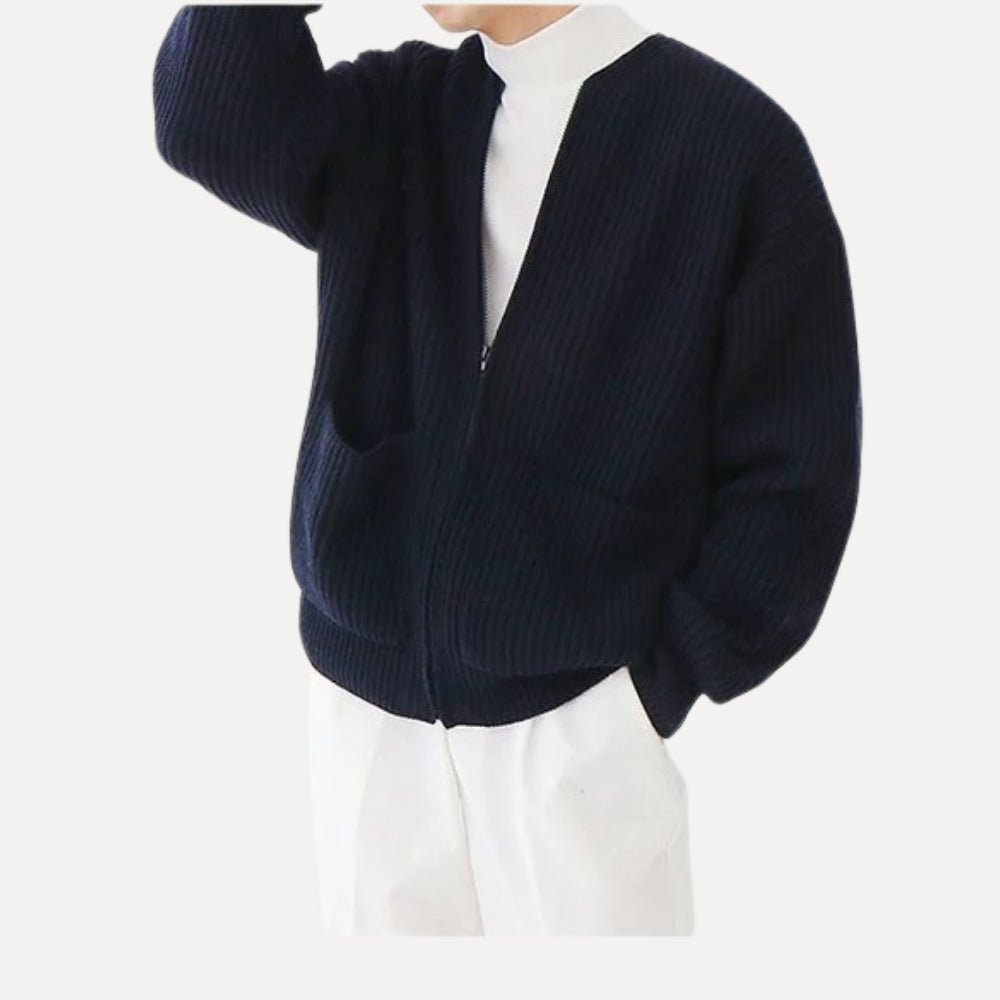 quiet luxury menswear," "minimalist layering piece," "structured knitwear," "transitional outerwear," "designer cardigan