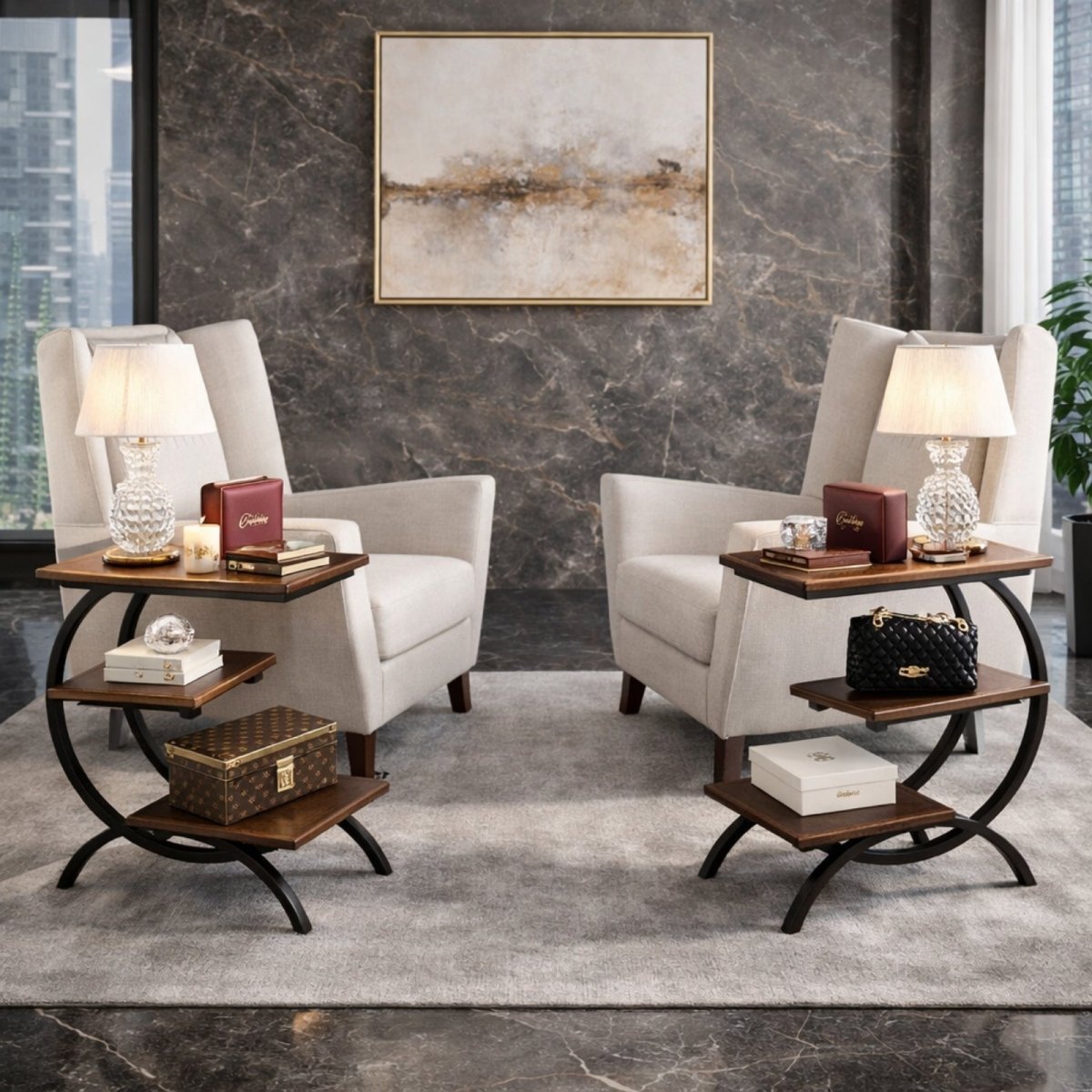 A pair of Kouvr Arcadian c-shaped end tables used between two cream armchairs in a luxury formal living room with dark marble walls.
