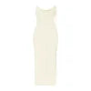 Front view of a woman wearing the Kouvr Ari white cowl neck backless maxi dress