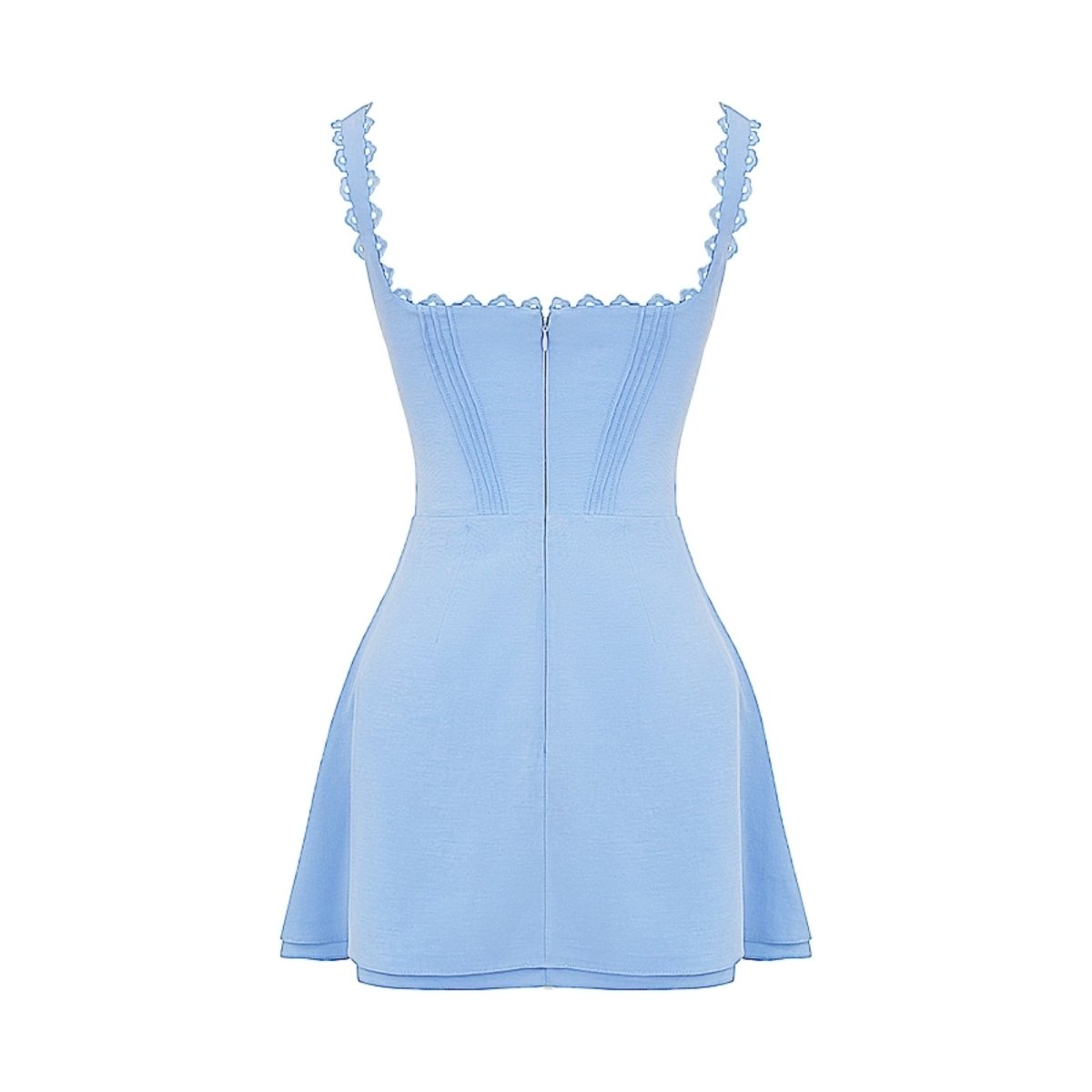 Product photo of the back of the Kouvr Ariadne blue mini dress highlighting the zipper and strap construction.