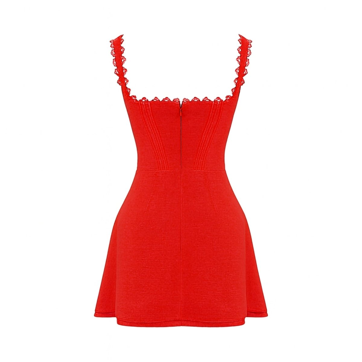 Product-only photo of the back of the red Kouvr Ariadne mini dress, highlighting the square back and zipper construction.