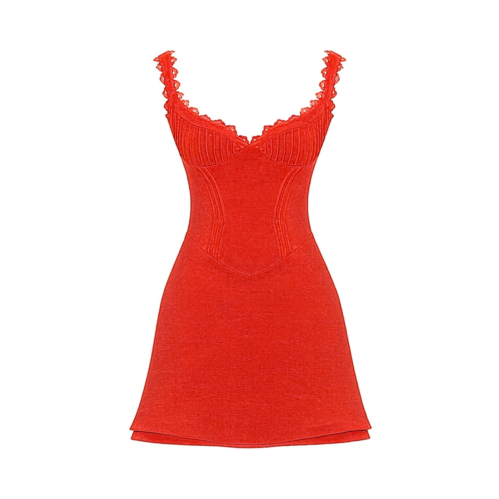 Product-only photo of the red Ariadne corset dress with scalloped trim, showing details of the bodice and knit texture.