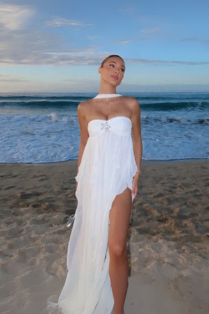 White Grecian Halter Maxi Dress | Ruffle Chiffon Gown for Summer Wedding  Guest, Vacation & Resort