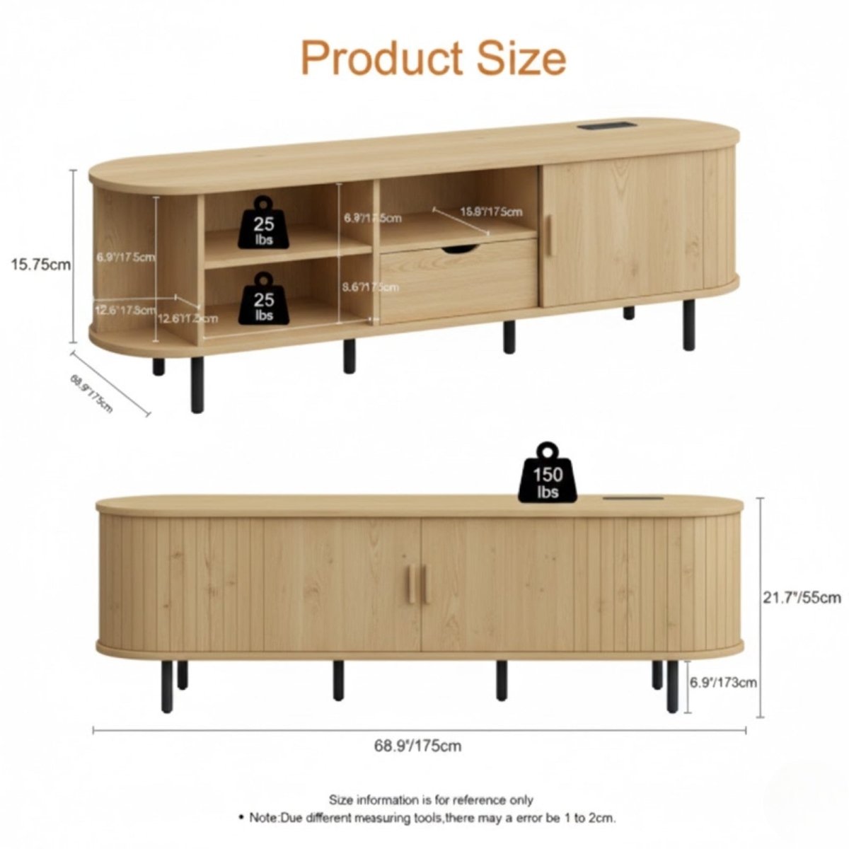 he Arista 69-inch curved media console in natural oak, styled in a bright, modern living room beneath a wall-mounted television.