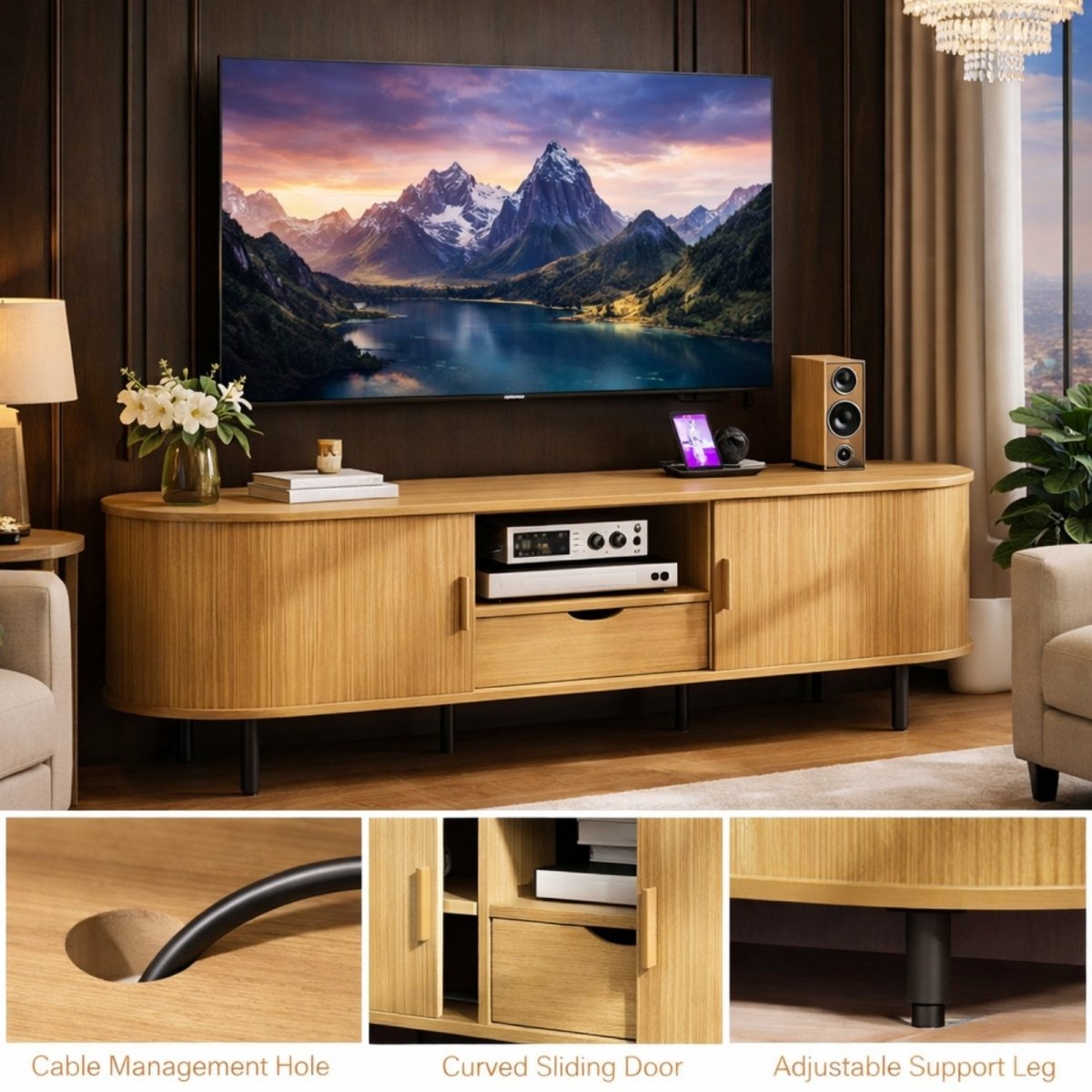 A detailed view of the built-in power station on the Arista media console, showing two AC outlets, one USB port, and one Type C port.