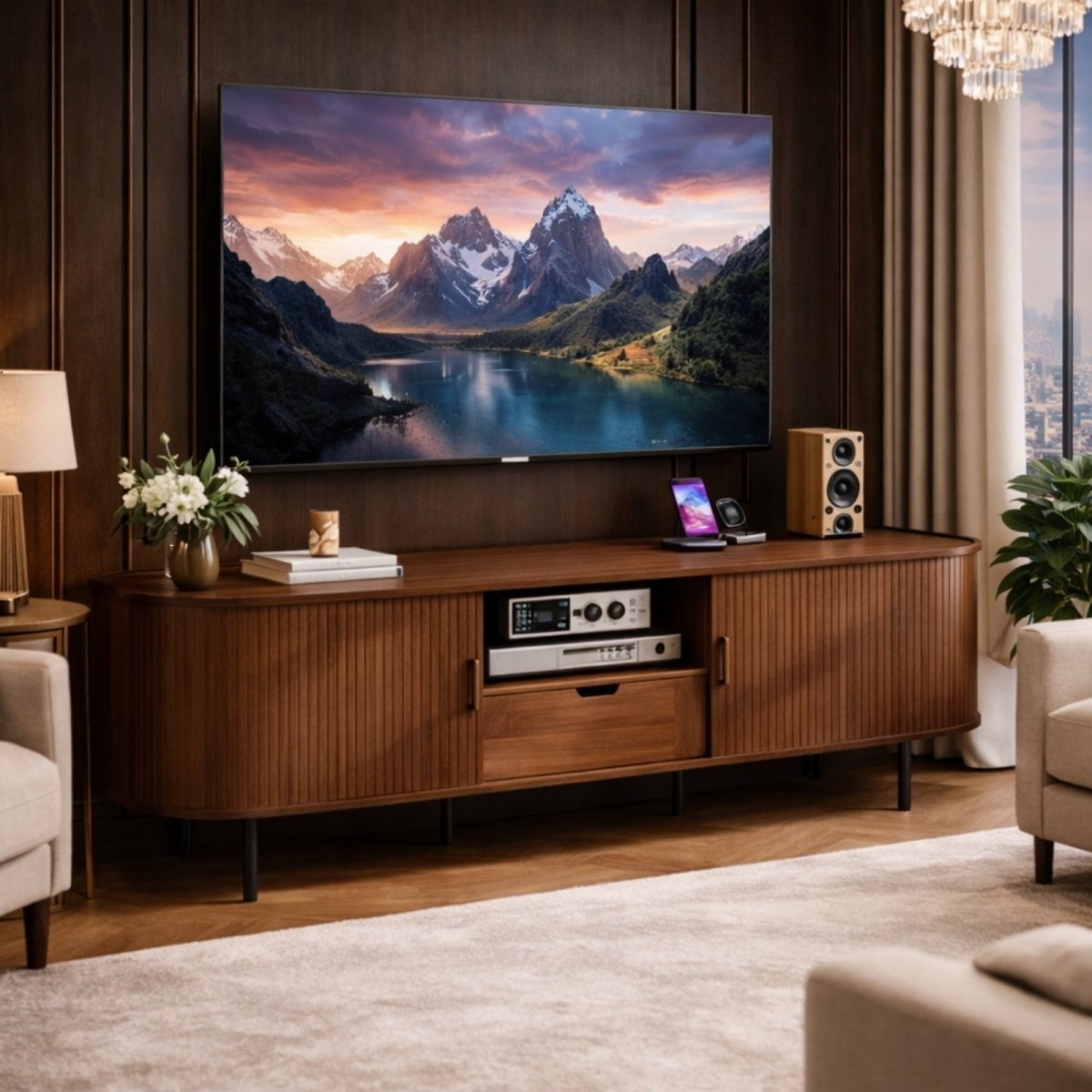 An interior view of the Arista TV stand with the sliding door open, demonstrating the adjustable shelf system for customizable storage.