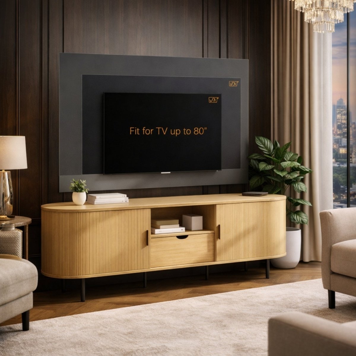 A diagram showing the product dimensions and weight capacity of the Arista TV stand, including its 68.9-inch width and 150 lbs limit.