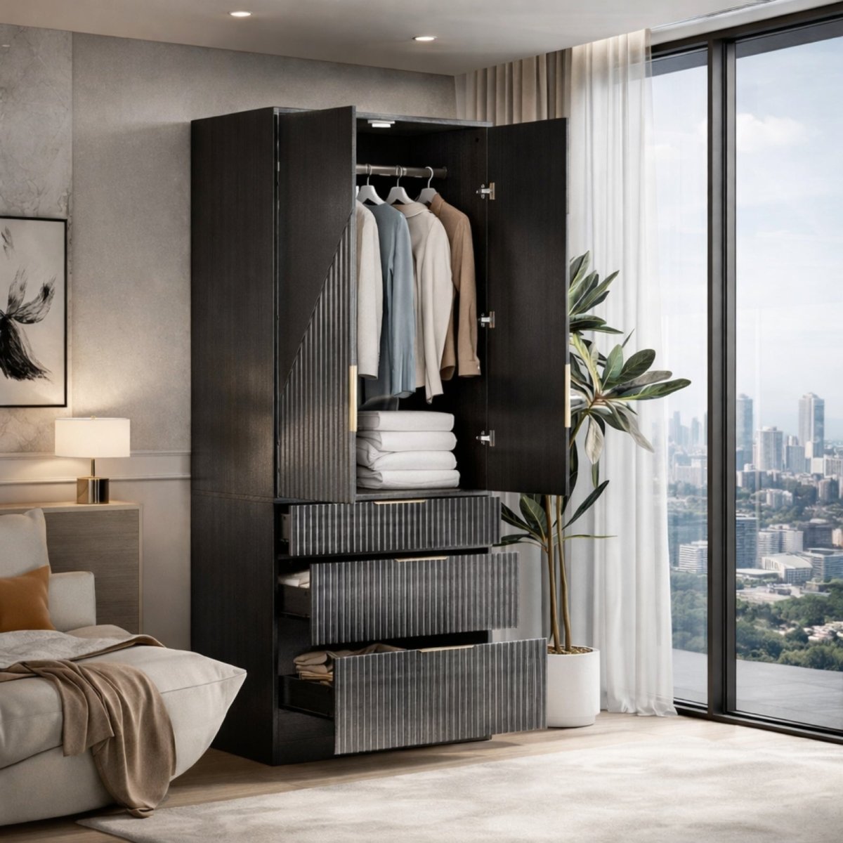 Open view of black storage cabinet showing hanging rail with clothes, folded items on shelf, and three open drawers demonstrating large storage capacity.