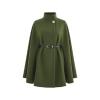 Studio product shot of the army green belted cape coat, showing the textured fabric and pearl button detail.