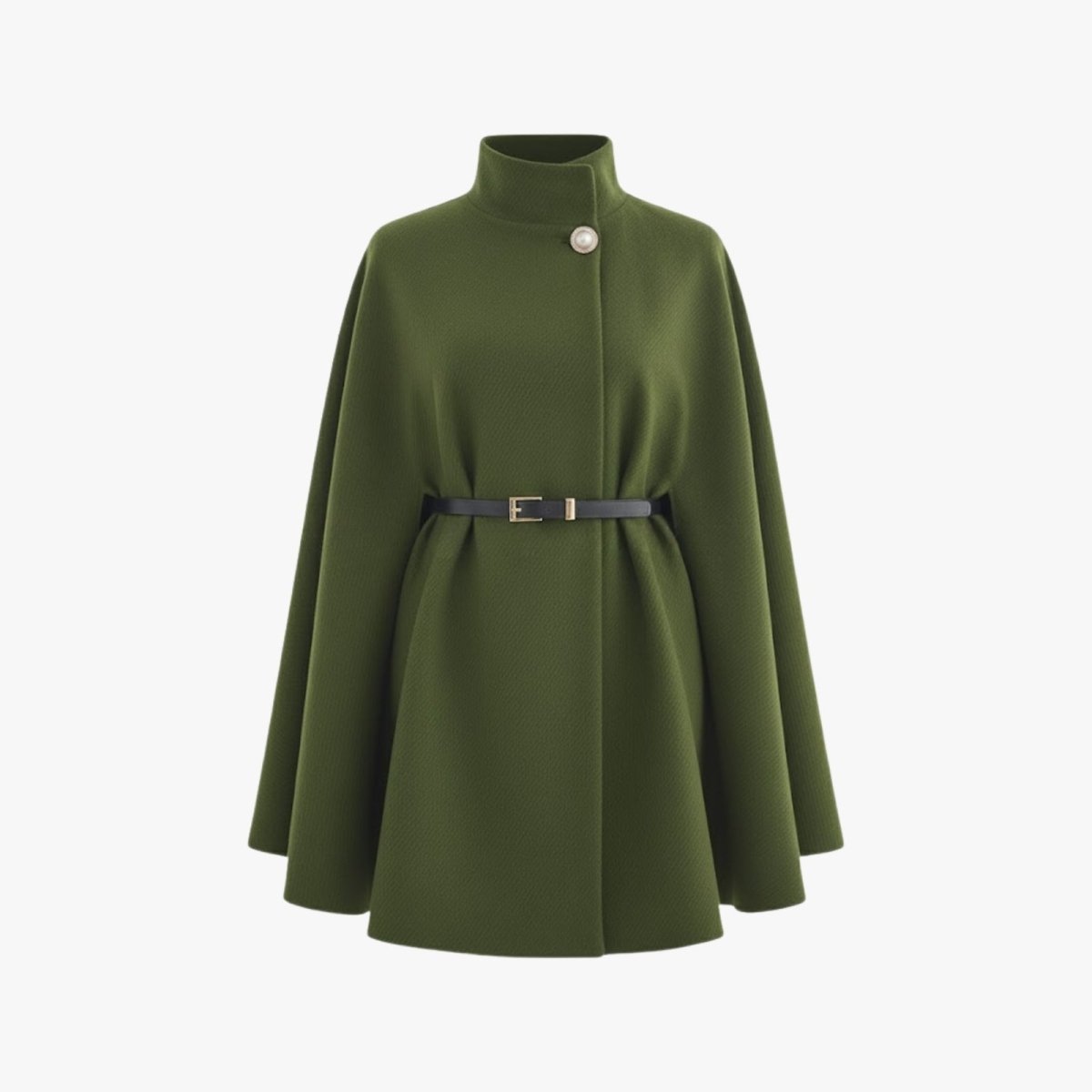 Studio product shot of the army green belted cape coat, showing the textured fabric and pearl button detail.