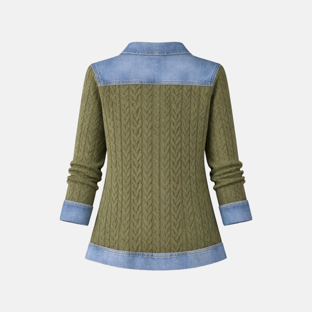 Ghost mannequin back view of the Kouvr mixed media shacket showing the textured army knit body and blue denim shoulder panel.