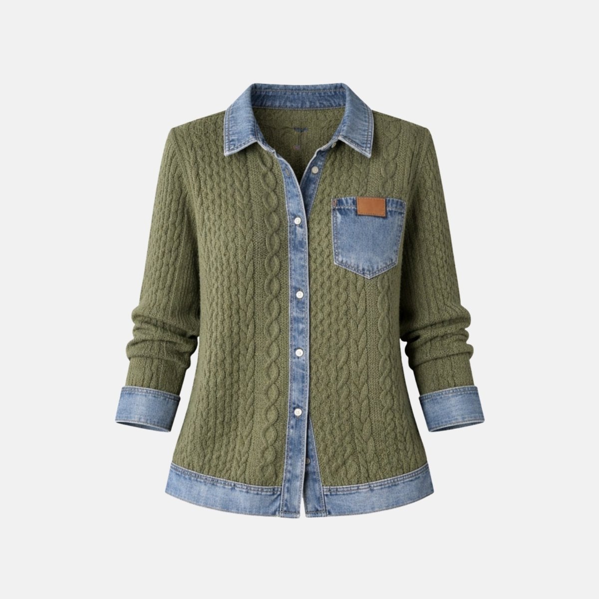 Ghost mannequin front view of the Kouvr army green cable knit shirt jacket with light wash denim trim, metallic buttons, and front pocket.