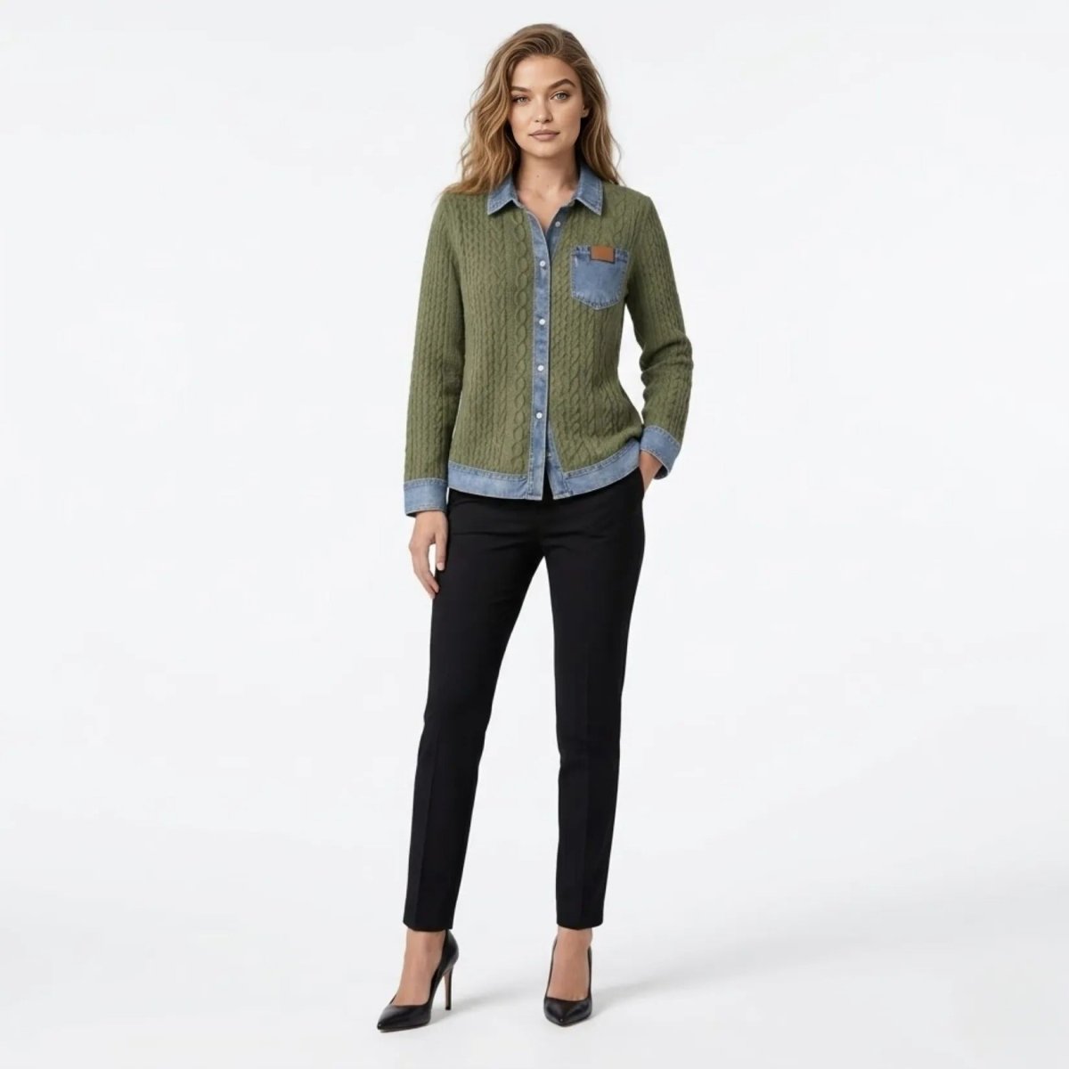Front view of female model wearing Kouvr army green cable knit shacket with denim collar, pocket, and cuffs, paired with black trousers and heels.