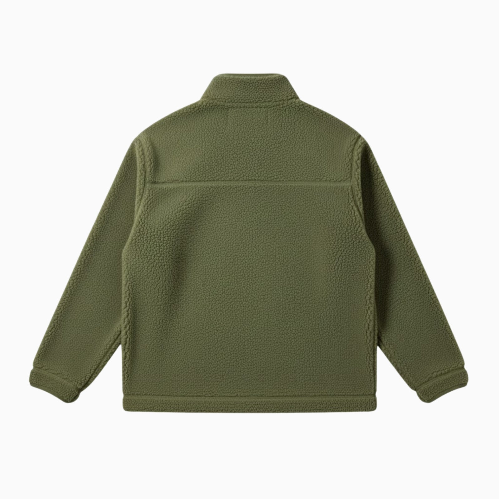 Product flat lay of the back of the Kouvr army green sherpa fleece jacket detailing the clean construction.