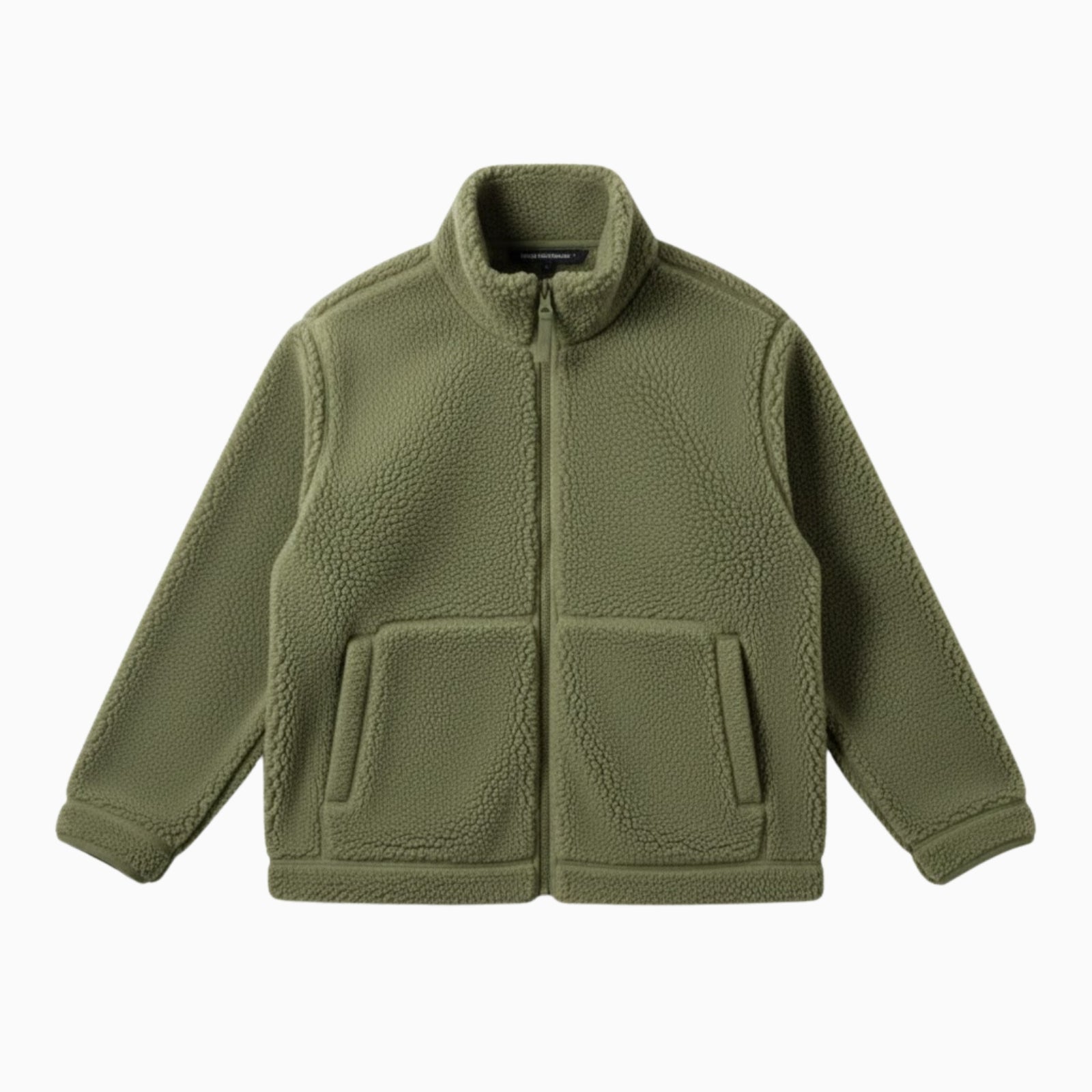 Product flat lay of the front of the Kouvr full-zip army green teddy fleece jacket showing the texture and pockets.