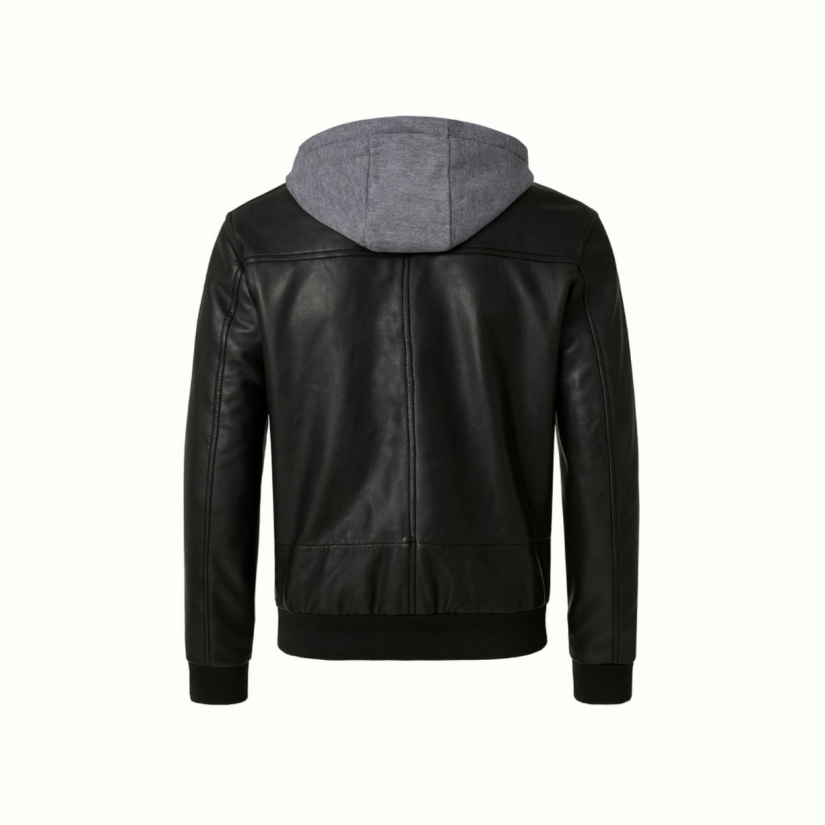 Product-only shot of the Kouvr Ascend men's black leather moto jacket with its removable grey hoodie insert zipped up against a white background.