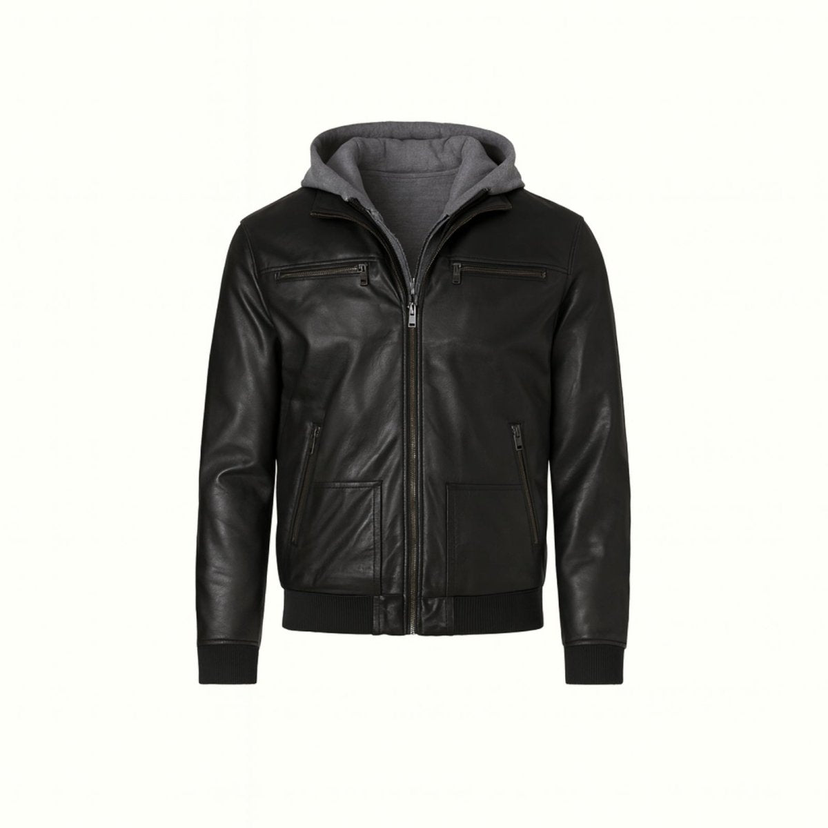 Men's Hooded Leather Bomber Jacket with Removable Hoodie Slim Fit