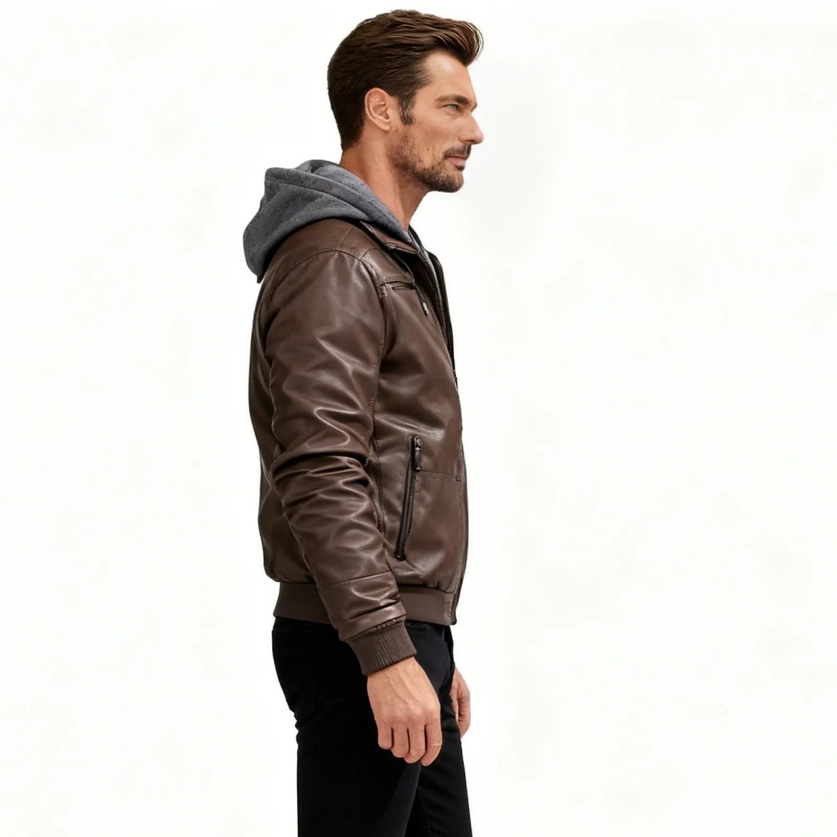 Men's Hooded Leather Bomber Jacket with Removable Hoodie Slim Fit