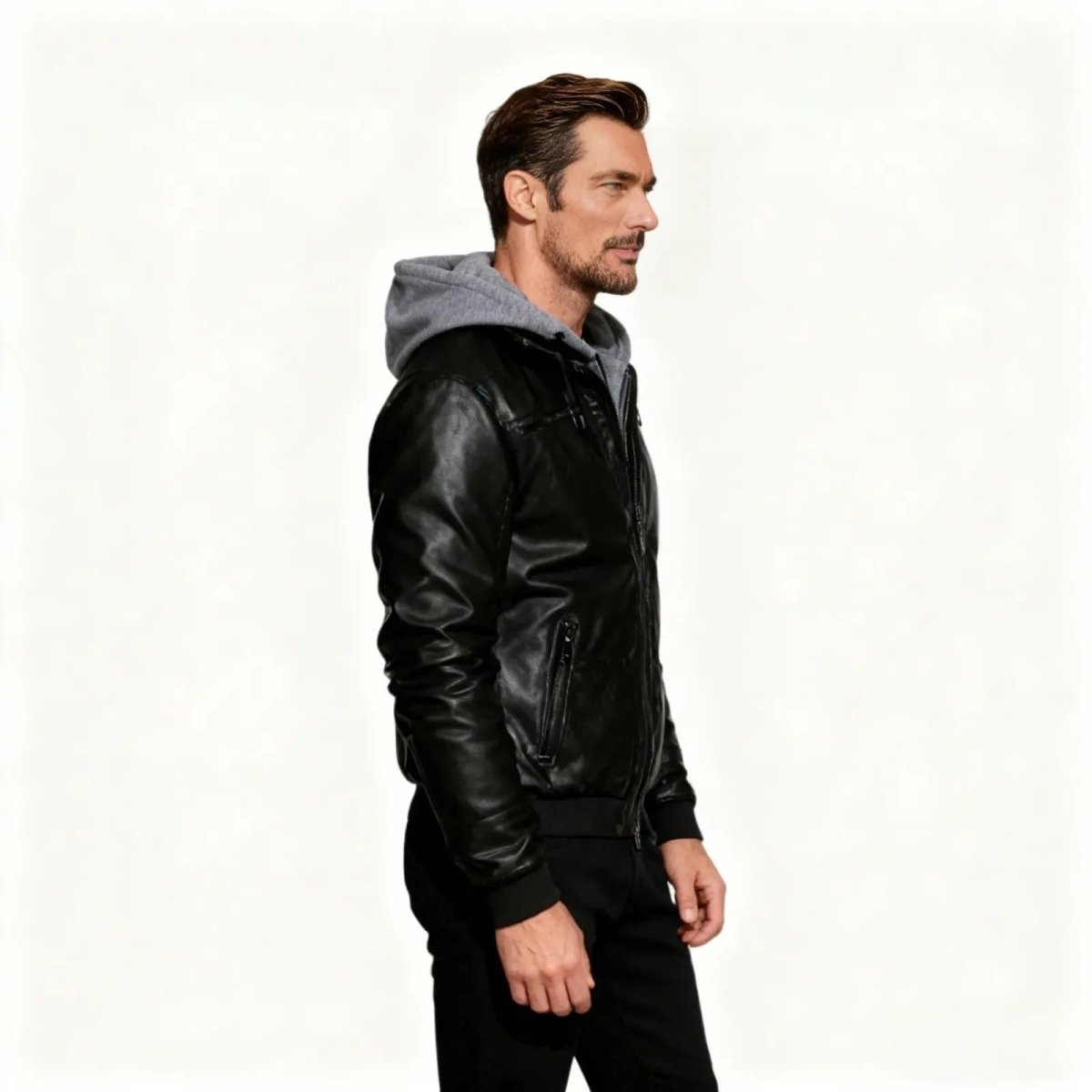 Men's Hooded Leather Bomber Jacket with Removable Hoodie Slim Fit