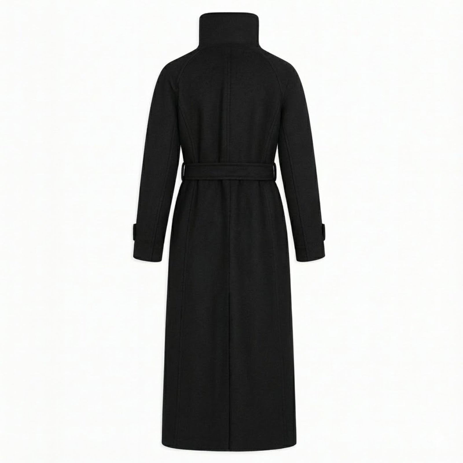 Flat lay of the Kouvr Ashley long black wool coat showing the asymmetrical button closure at the funnel neck and the self-tie belt.
