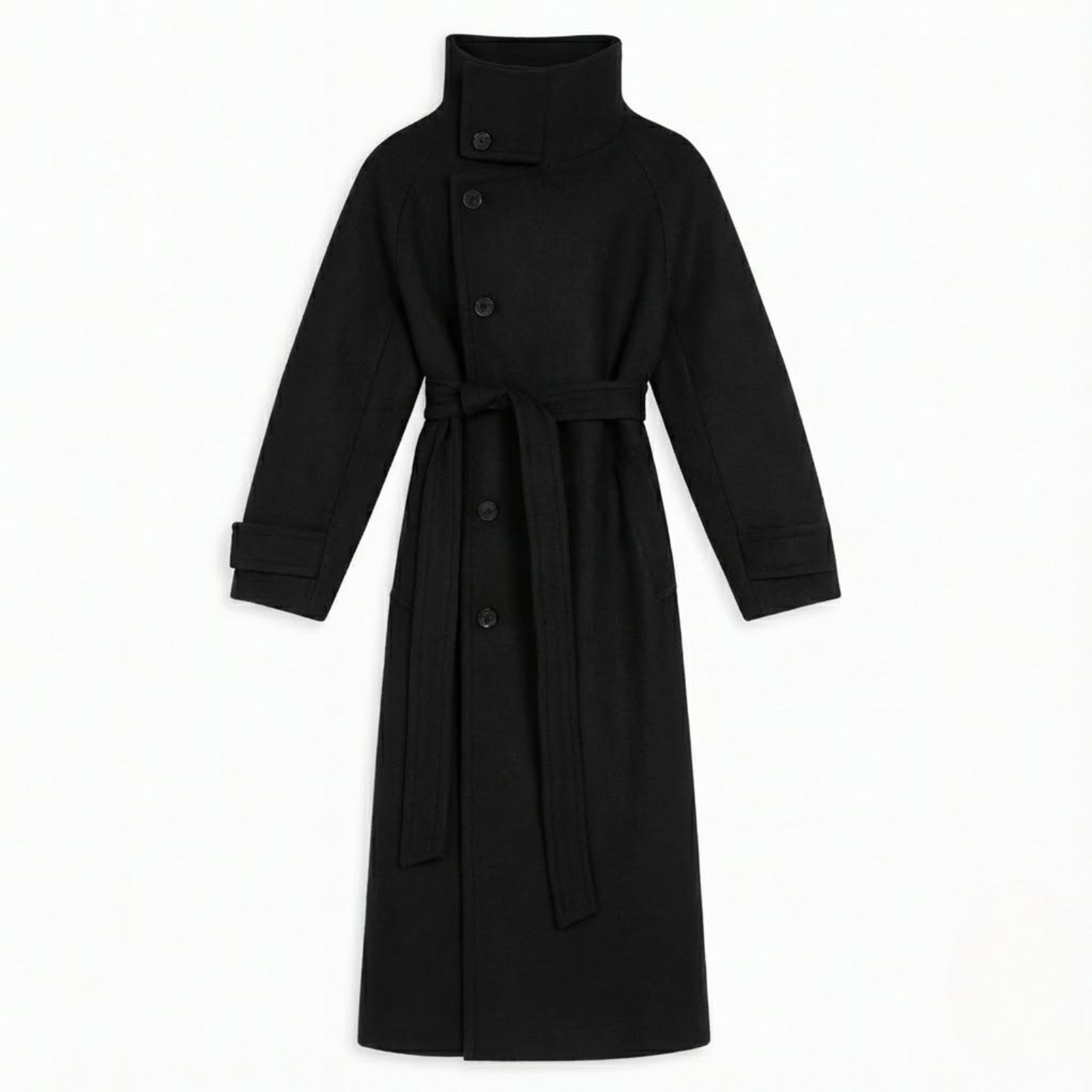 Flat lay of the Kouvr Ashley long black wool coat showing the asymmetrical button closure at the funnel neck and the self-tie belt.