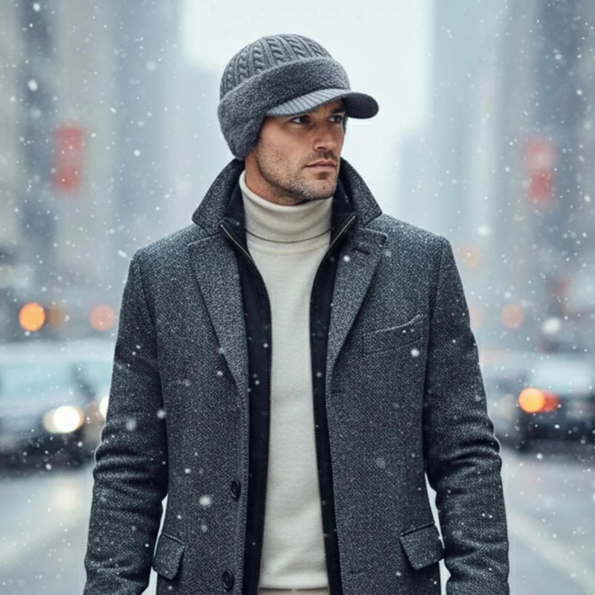 Side profile of a stylish man wearing the grey Kouvr Aspen winter hat with a visor, looking out over a snowy city.