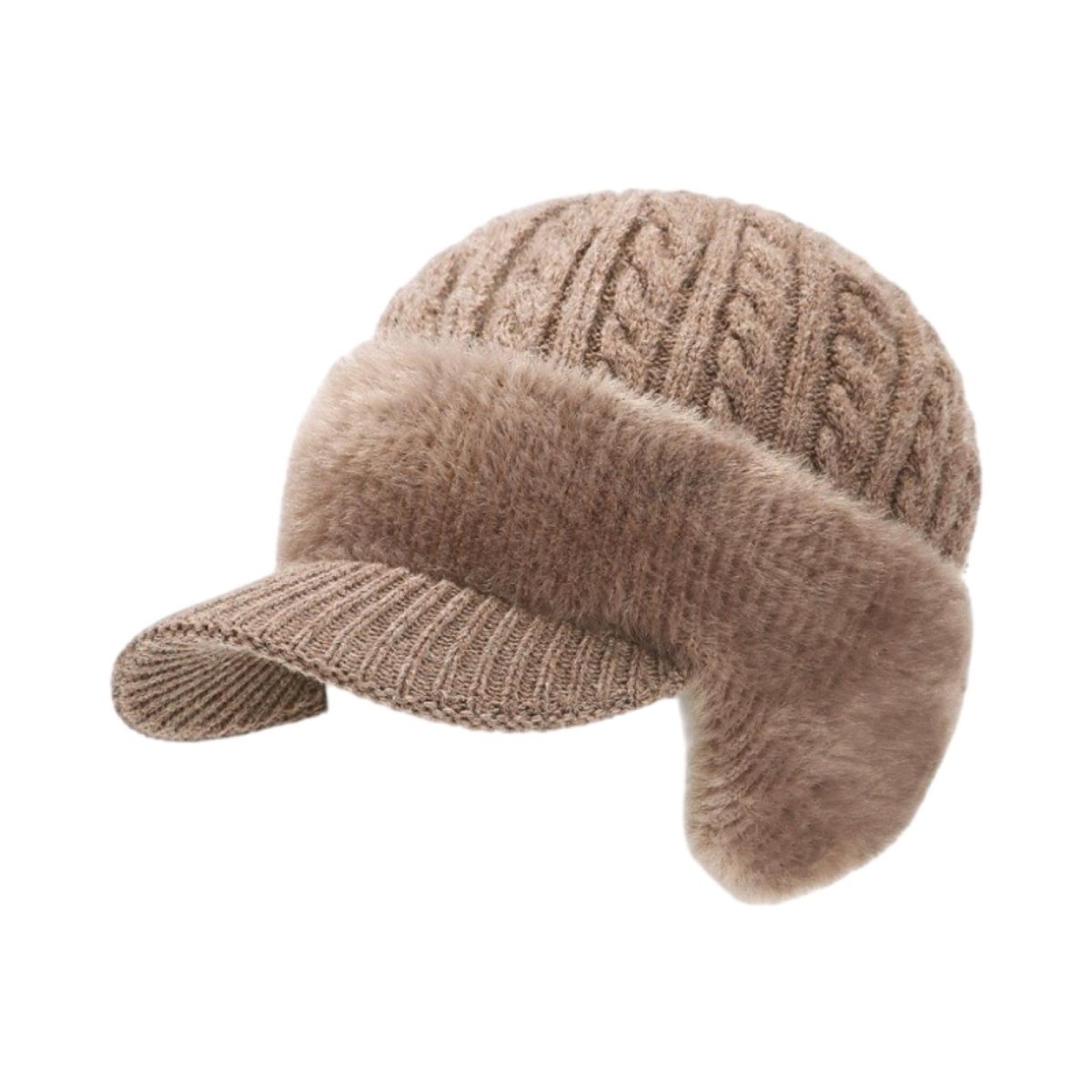 Kouvr Aspen cable knit trapper hat with faux fur ear flaps and visor in taupe brown on a white background.