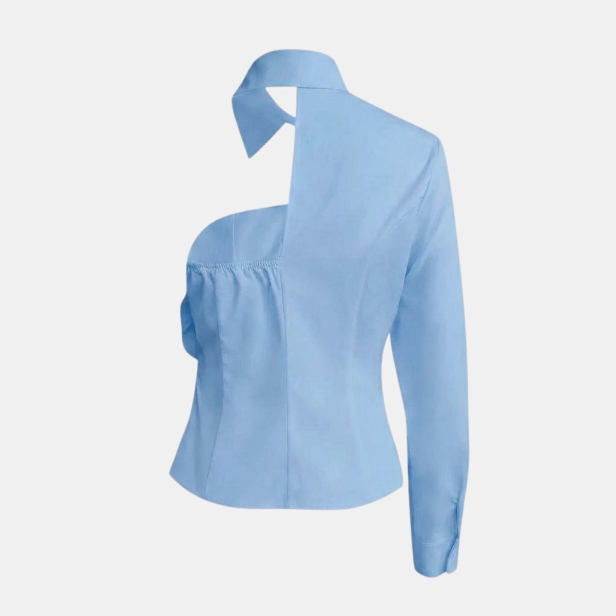 Detail shot of the back of the Kouvr asymmetrical poplin shirt in light blue, showing the collar structure and open-shoulder design.