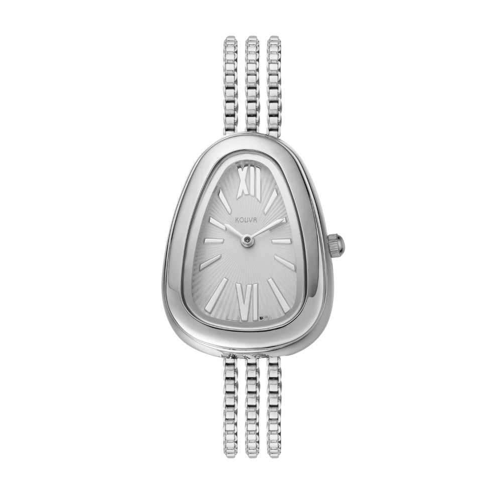 Silver kouvr watch with chain strap on a white background