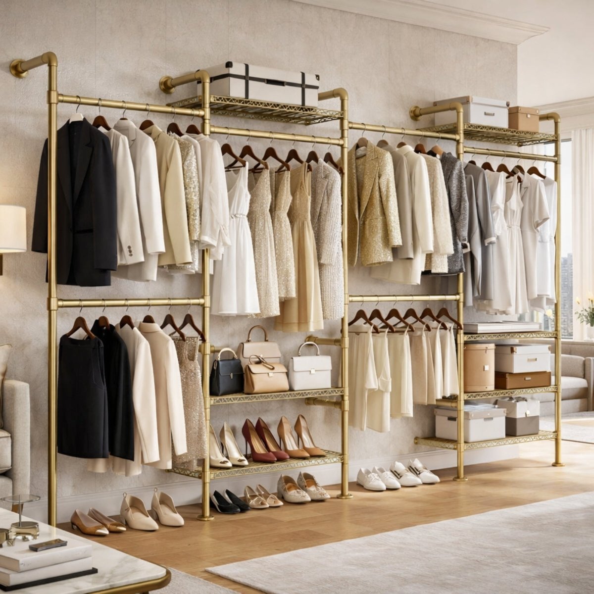 Luxury gold finish wall mounted closet organizer with double hanging rods and wire shelving displaying blazers and dresses in a boutique style setting.