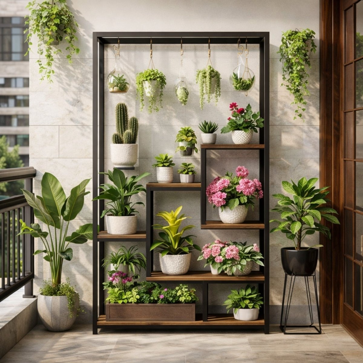 The Kouvr Atrium multi-tier plant stand styled with a variety of potted plants and hanging terrariums on a sunlit modern apartment balcony.