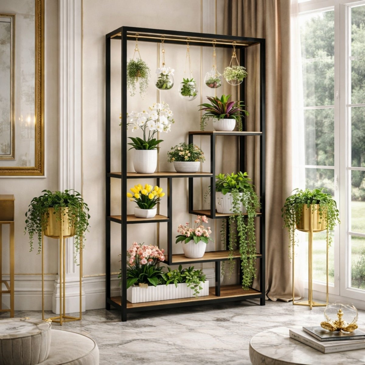 Feature collage of the Kouvr Atrium stand showing the thick particle board, sturdy metal frame, hanging hook detail, and adjustable leg pad.