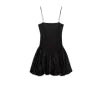 Model wearing the Kouvr Aubrey black mini dress with a voluminous bubble skirt and square neckline