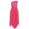 Woman wearing Kouvr Fashion hot pink one shoulder pleated dress with a white clutch' and 'Detail shot of the twist knot waist on a satin pink cocktail dress