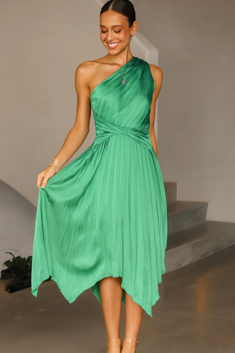 one shoulder pleated dresses Green One Shoulder Pleated Midi Dress for Cocktail & Wedding Guest | Asymmetrical Satin Formal Gown with Twisted Waist | Kouvr Audrine Dress