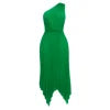 Model poses in the Kouvr Audrine green satin one-shoulder pleated midi dress for a formal event