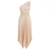 Model wearing Kouvr's beige one-shoulder pleated midi dress for a formal event