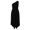 Model wearing the Kouvr Audrine one shoulder silk gown in black, showcasing its draped, asymmetrical design