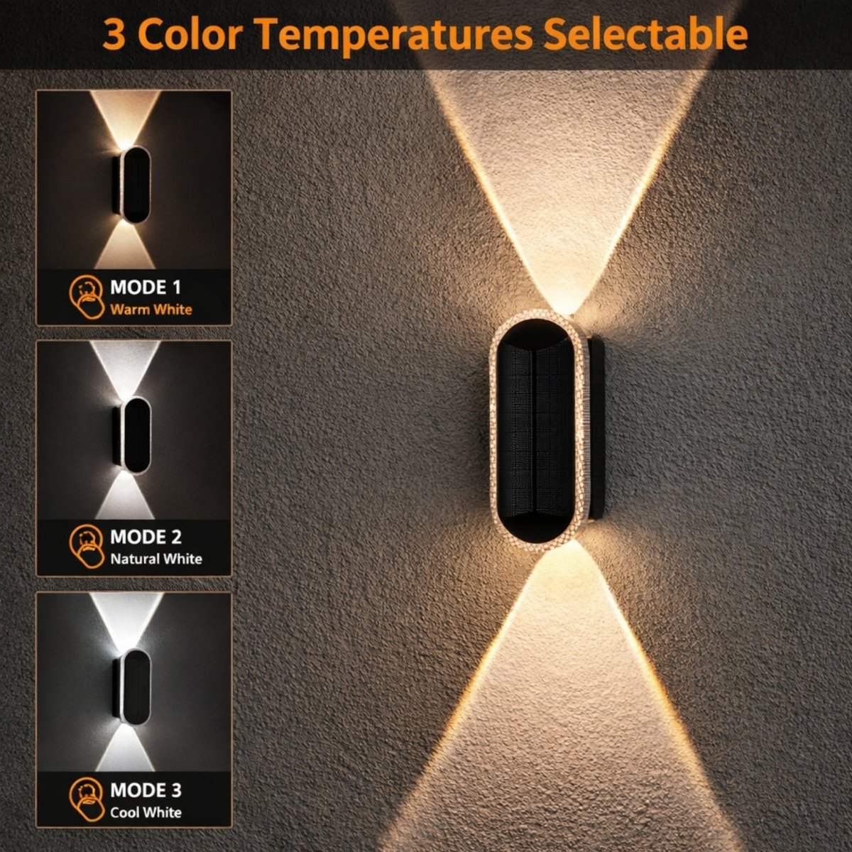Comparison of Warm White, Natural White, and Cool White color modes on the outdoor solar wall light.