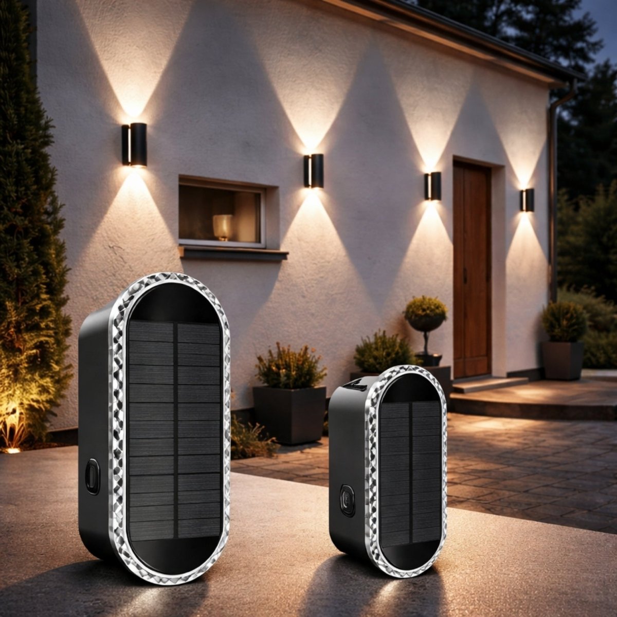 Modern black solar outdoor wall sconce with crystal edge illuminating a luxury home patio.