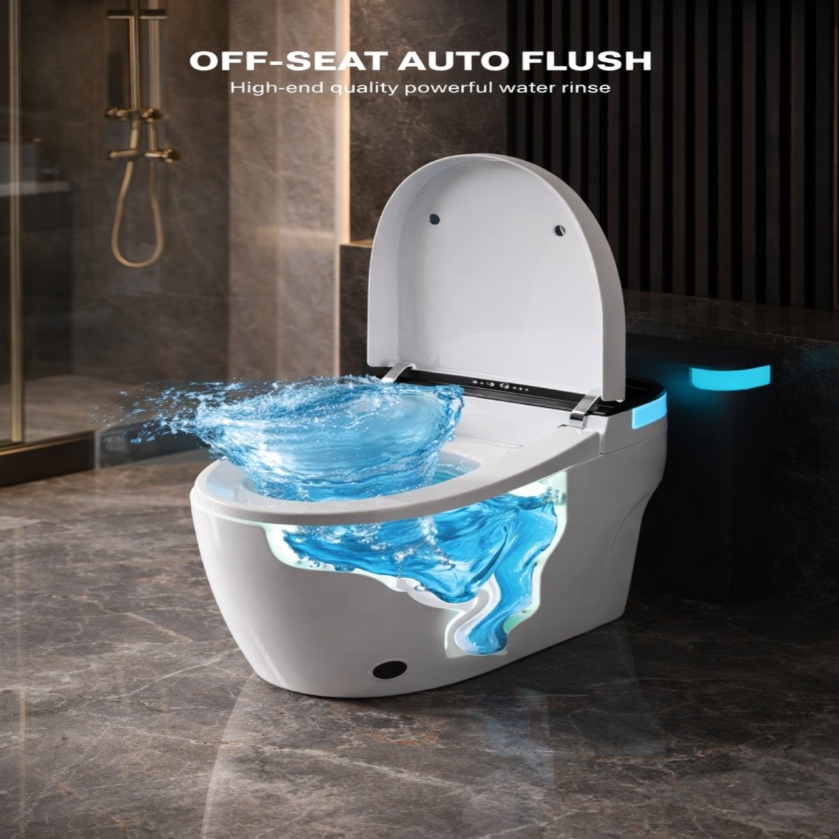 A cutaway view of the Kouvr smart toilet demonstrating the powerful off-seat auto flush with a dynamic vortex of water cleaning the bowl effectively.