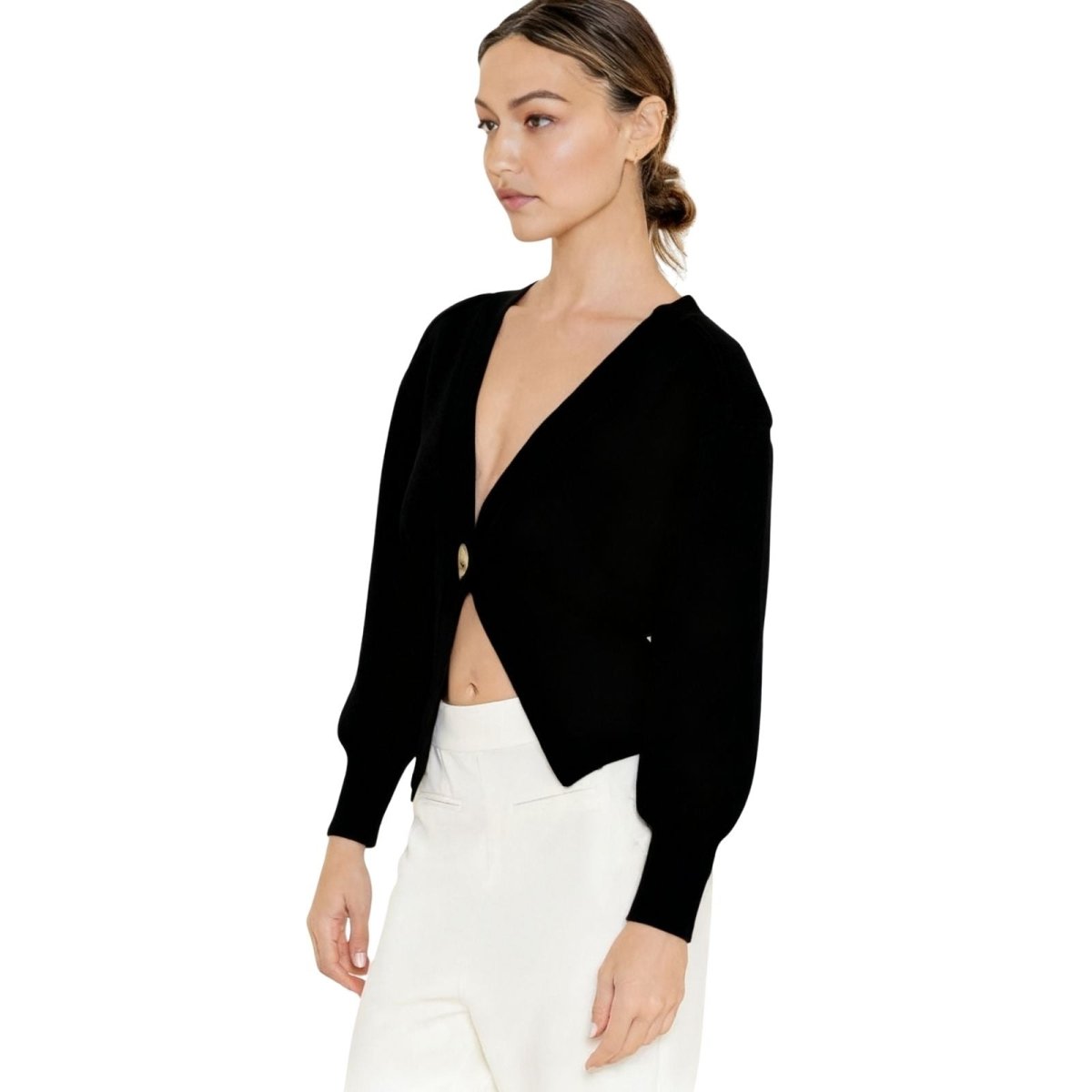 Back view of the Kouvr Avaline brown cardigan showing the defined waist and bishop sleeves