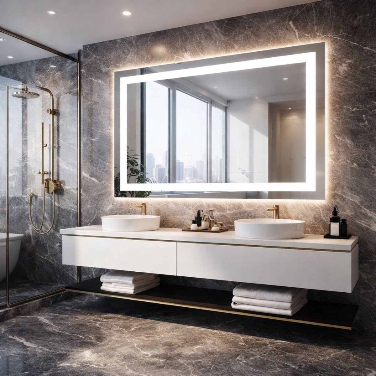 The Kouvr backlit smart mirror hangs over a white double vanity with two round vessel sinks in a modern bathroom overlooking a city skyline through a large window.