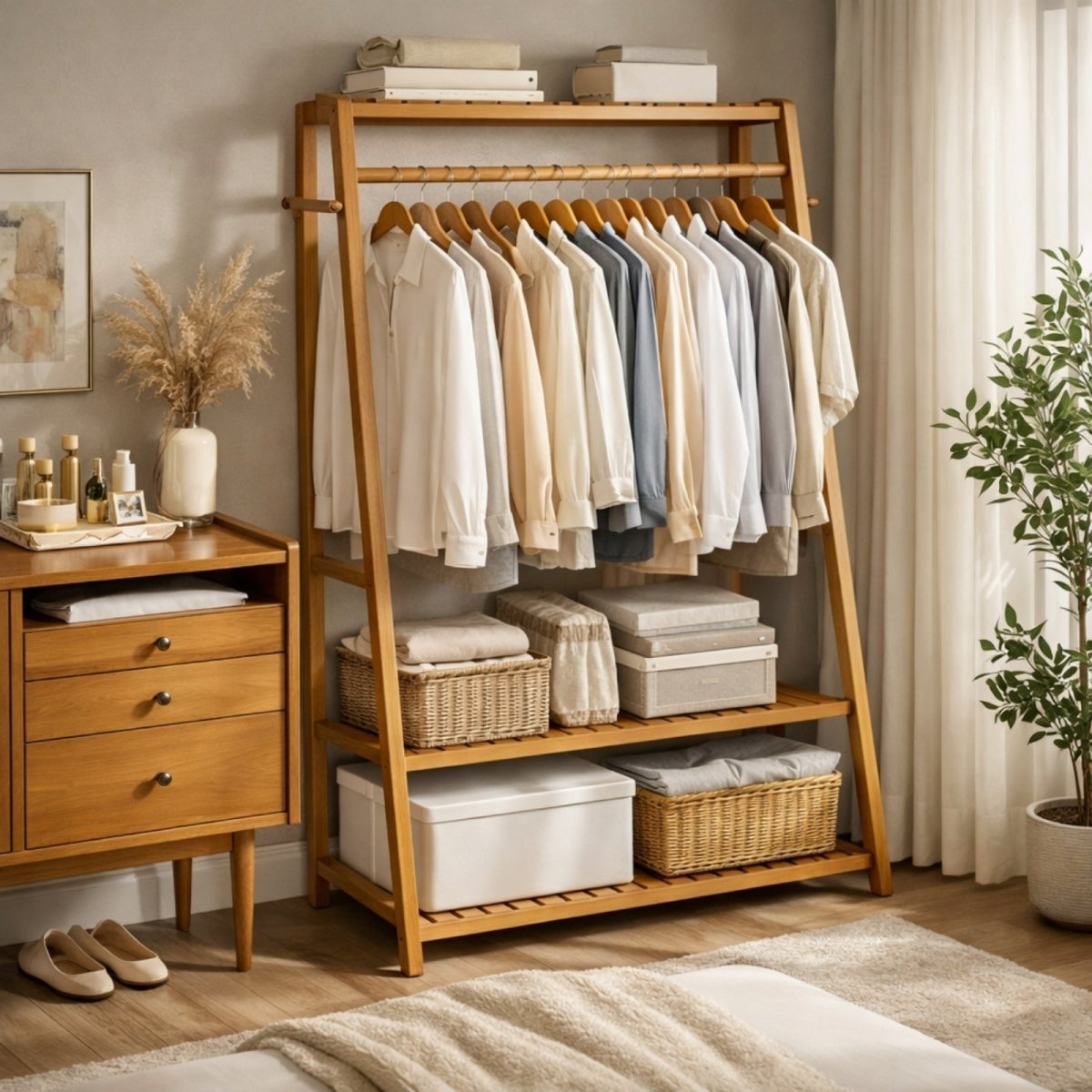 The Kouvr bamboo clothing rack styled in a serene bedroom setting, holding curated sweaters and shirts on wooden hangers, with organized baskets on the lower shelves.