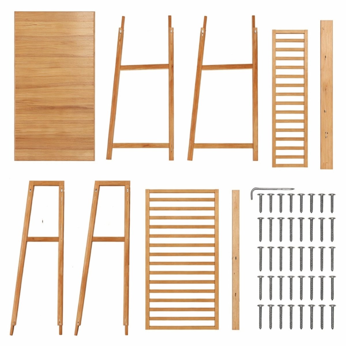 All parts and hardware for the Kouvr bamboo coat rack laid out for easy assembly, including side frames, shelves, and screws.